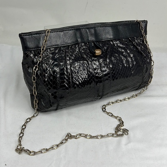 Black Brown Snakeskin Snap Frame Clutch Shoulder Bag - Picture 1 of 7